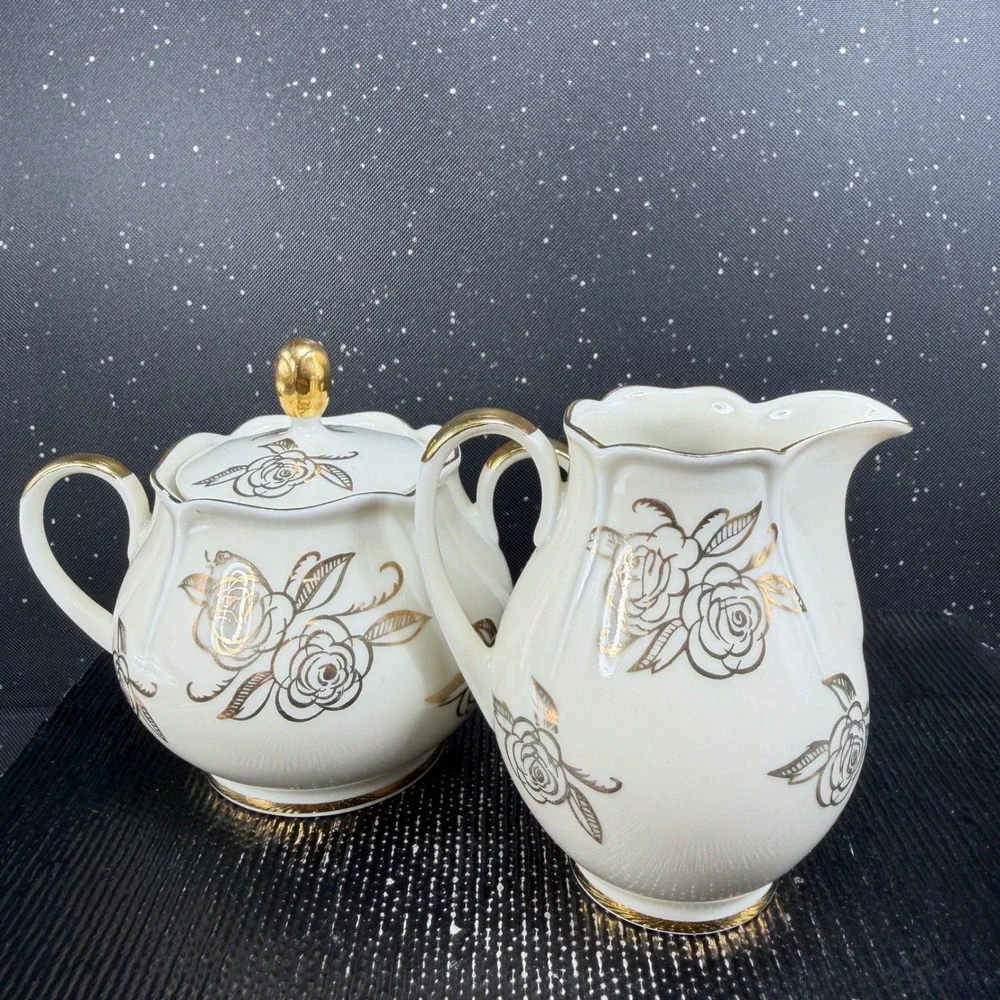 Bavaria Porcelain Sugar Bowl and Creamer Set Gold Rose Gilded Cream Vintage